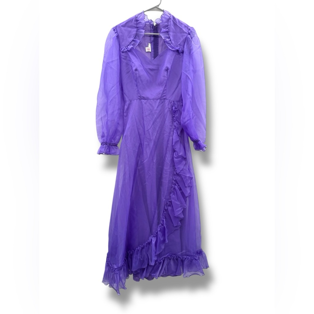 Vintage Union Made Dress Purple Frilly Ruffle Long Sleeve Maxi‎ Dress Sz 12 / 6